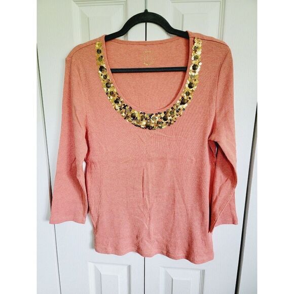 Michael Kors‎ XL Women's Orange Peach Jewel Neck Top Shirt Size XL Ribbed L/S - Picture 1 of 6
